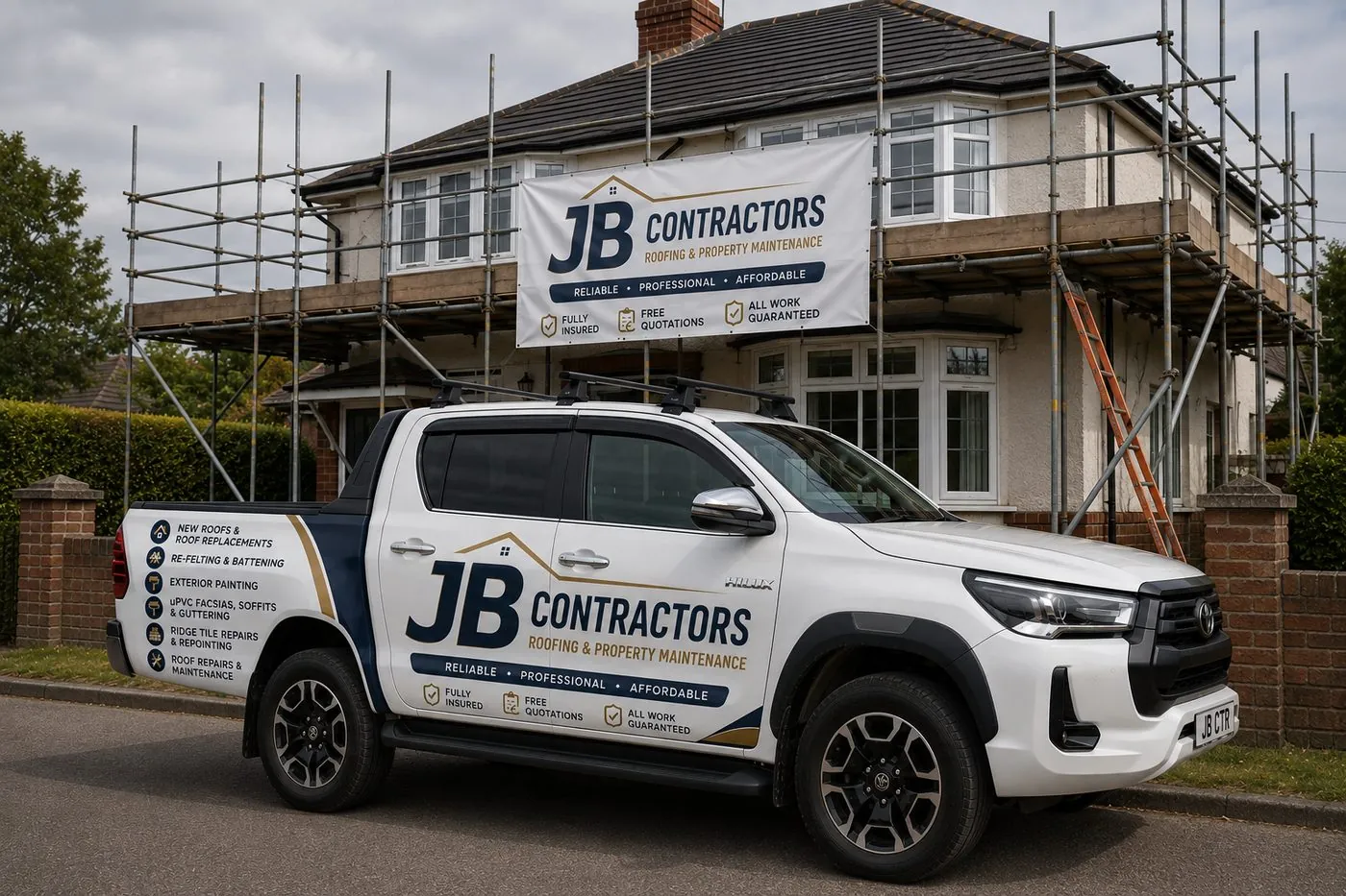 Bude Roofing pickup truck on site at a scaffolded roofing job in Bude