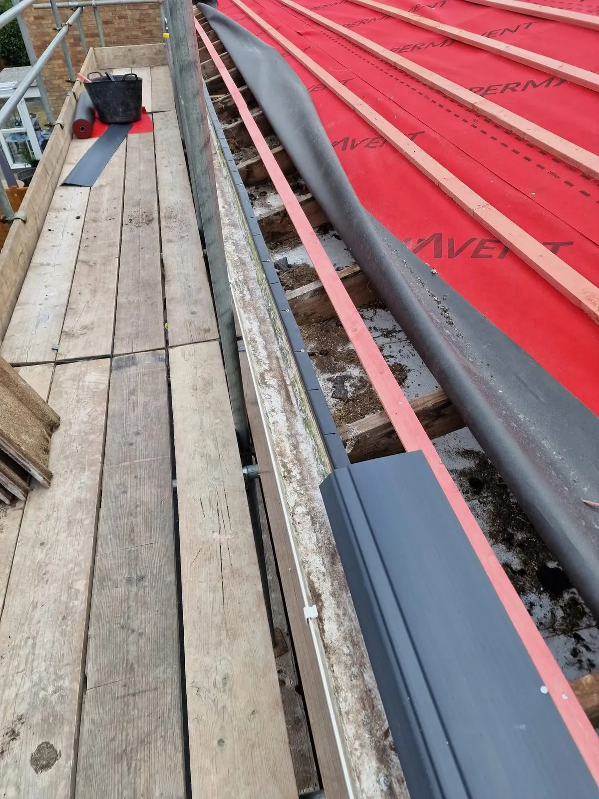 Breathable membrane and battens fitted during a re-roof in Bude